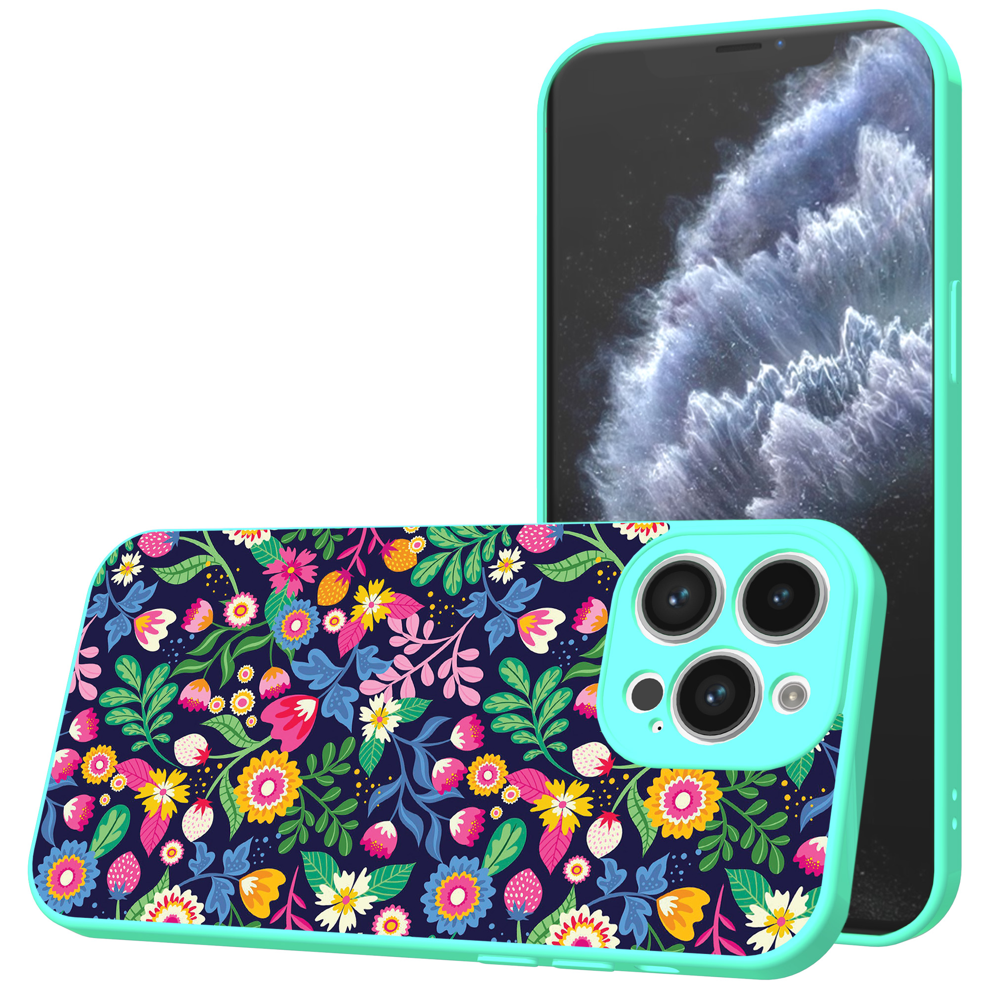 iPhone 11 Pro telefoonhoesje bloemen opdruk turqoise (1)