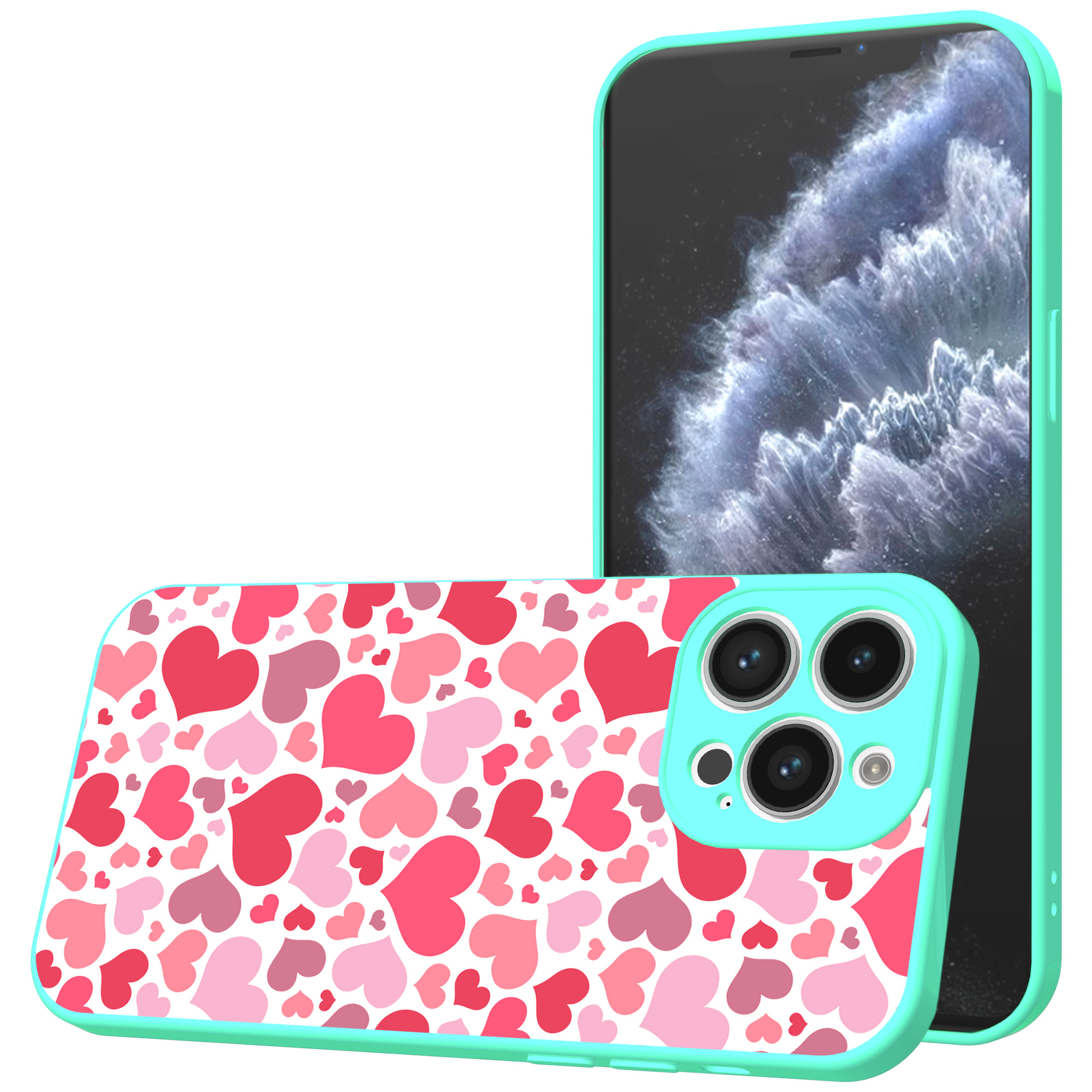 iPhone 11 Pro telefoonhoesje hartjes opdruk turqoise (1)