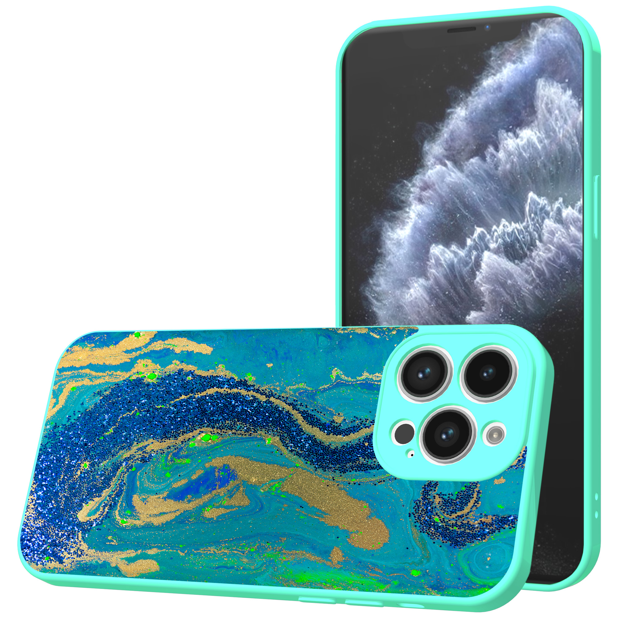 iPhone 11 Pro telefoonhoesje met goud blauw marmer opdruk turqoise (1)