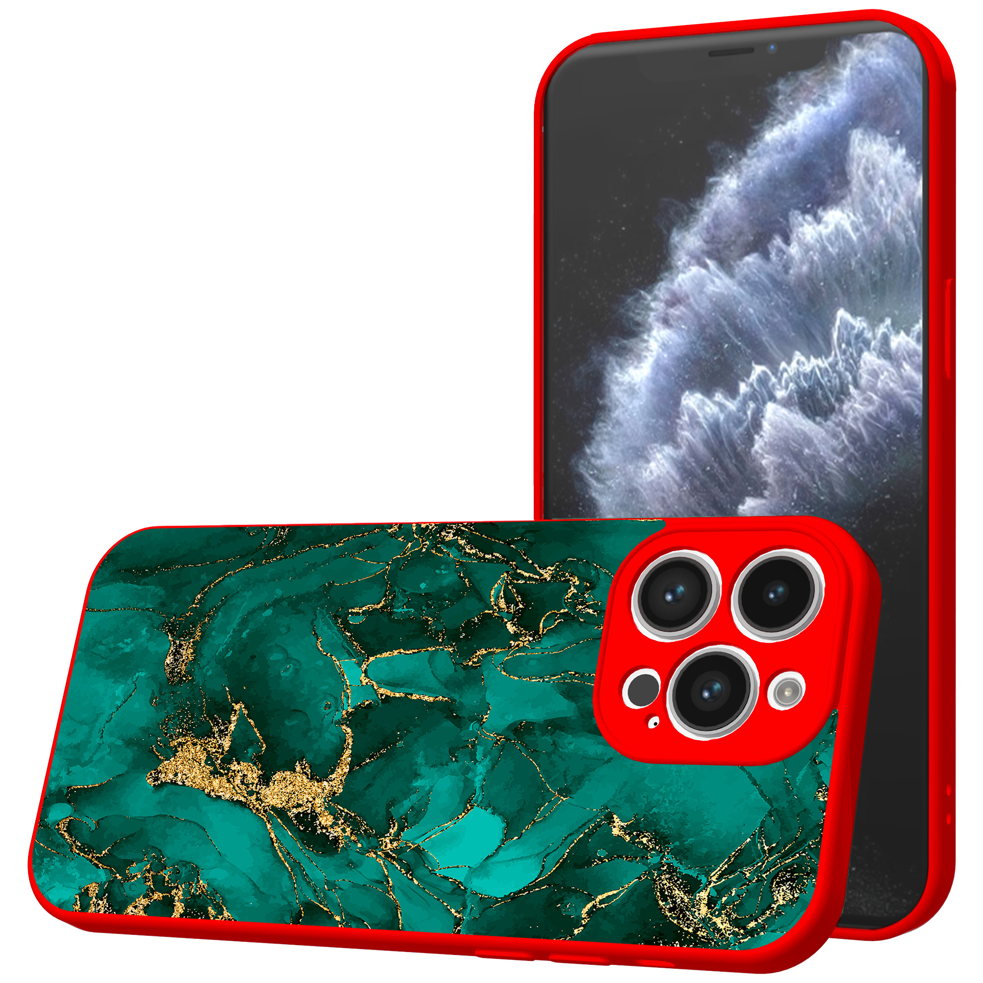 iPhone 11 Pro telefoonhoesje met goud groen marmer opdruk rood (1)