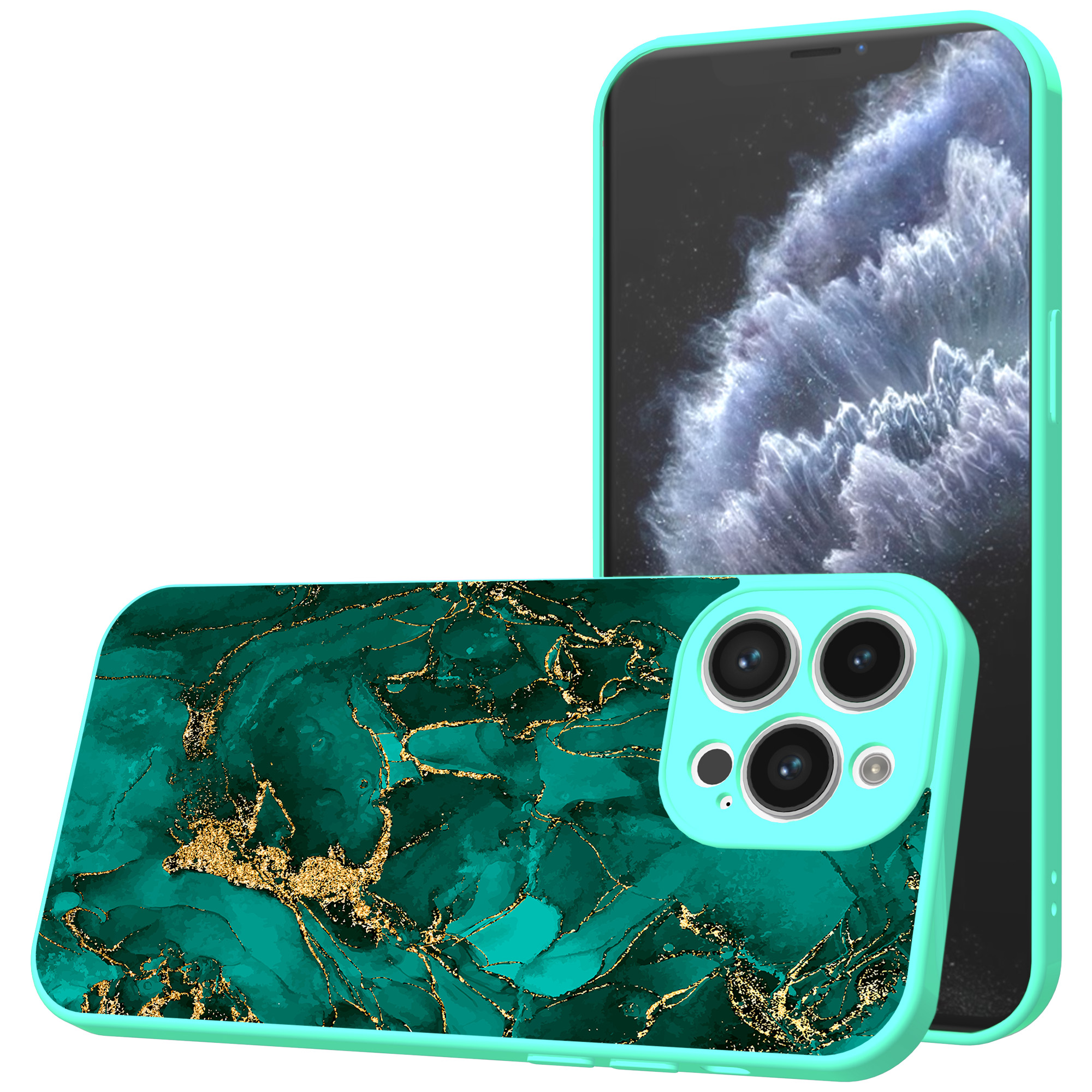 iPhone 11 Pro telefoonhoesje met goud groen marmer opdruk turqoise (1)
