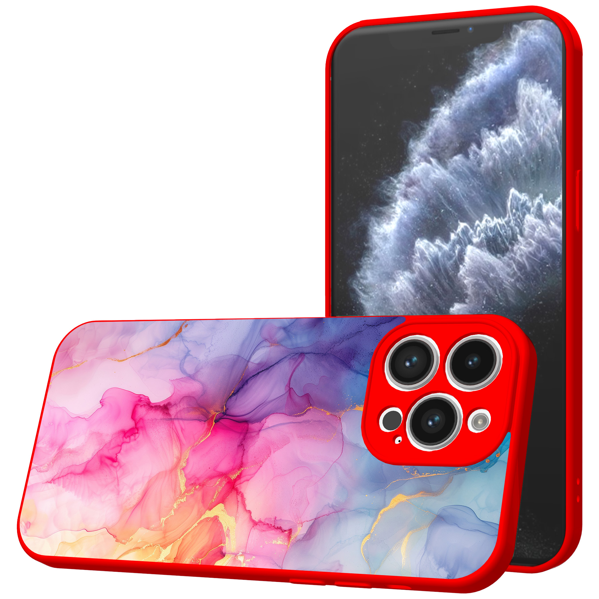 iPhone 11 Pro telefoonhoesje met regenboog marmer opdruk rood (1)