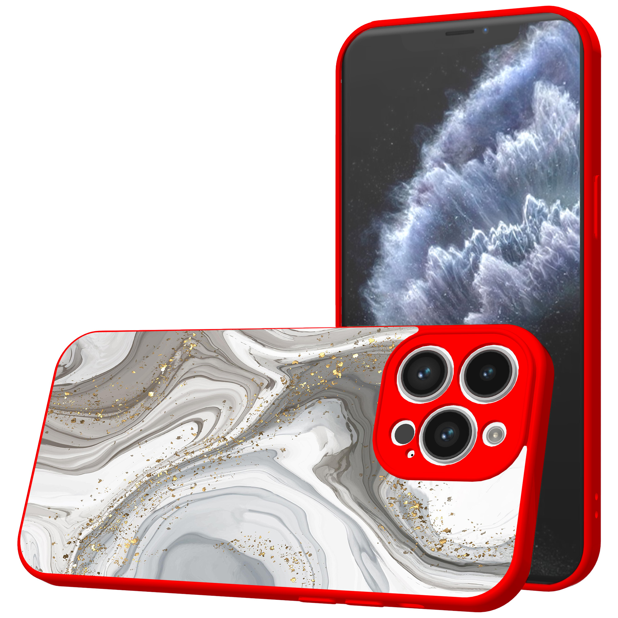 iPhone 11 Pro telefoonhoesje met zilver marmer opdruk rood (1)