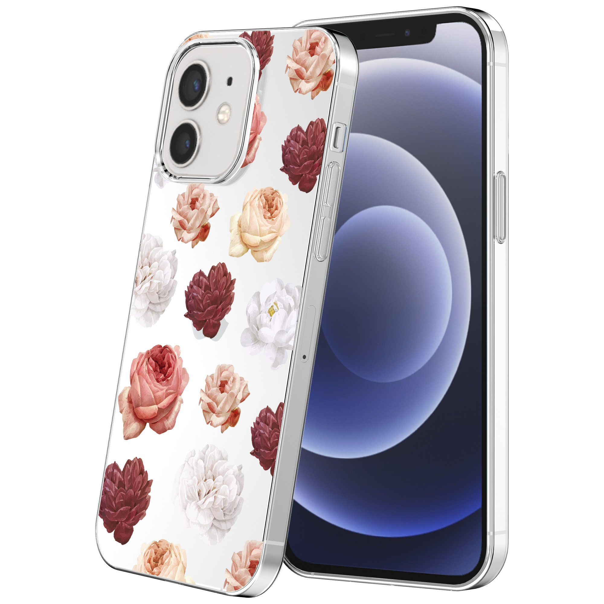 iPhone 12-12 Pro transparant telefoonhoesje met bloemen en rozen opdruk (1)