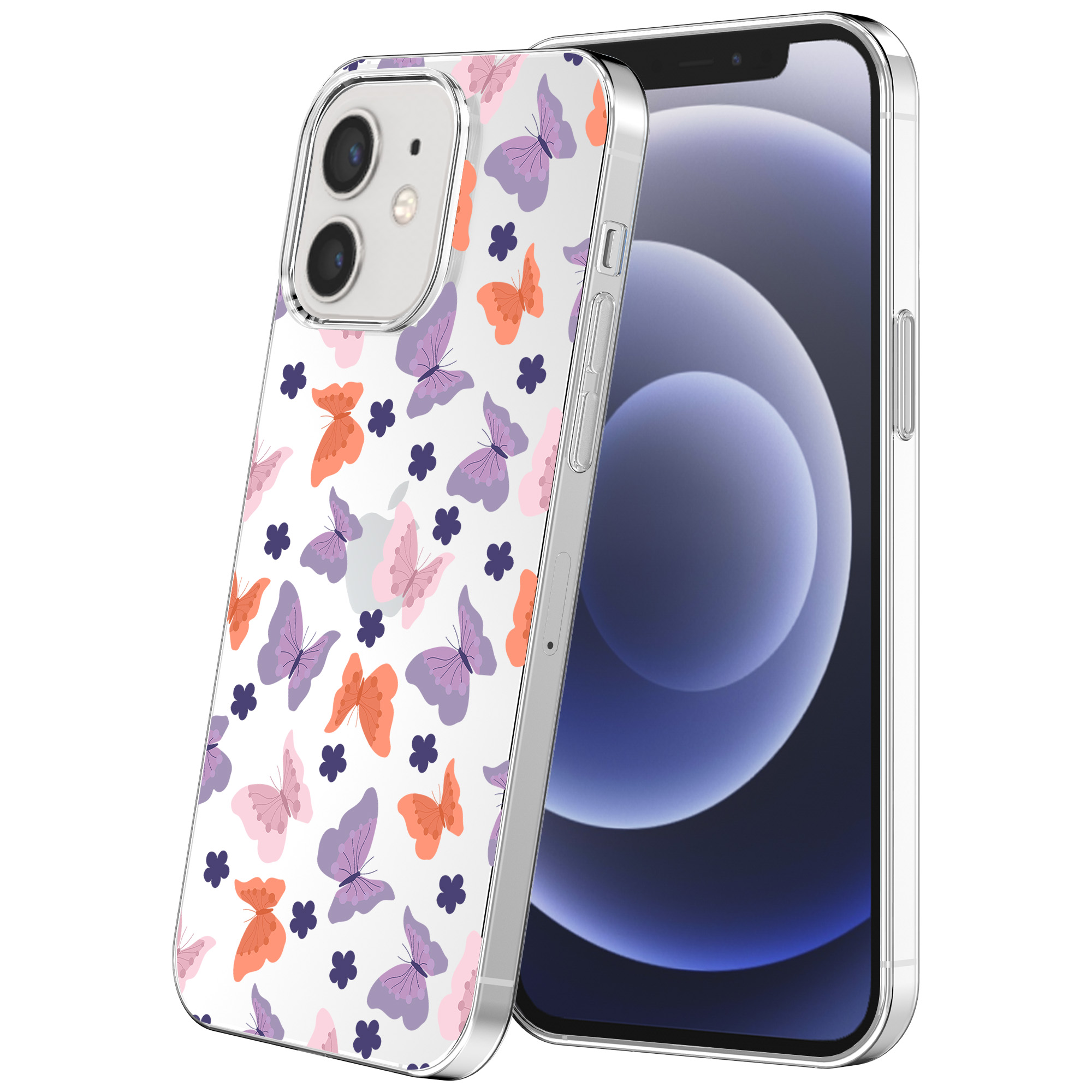 iPhone 12-12 Pro transparant telefoonhoesje met paars roze oranje vlinder opdruk (1)