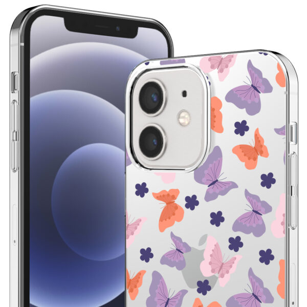 iPhone 12-12 Pro transparant telefoonhoesje met paars roze oranje vlinder opdruk (2)