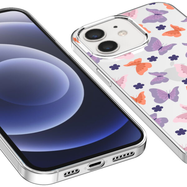 iPhone 12-12 Pro transparant telefoonhoesje met paars roze oranje vlinder opdruk (3)
