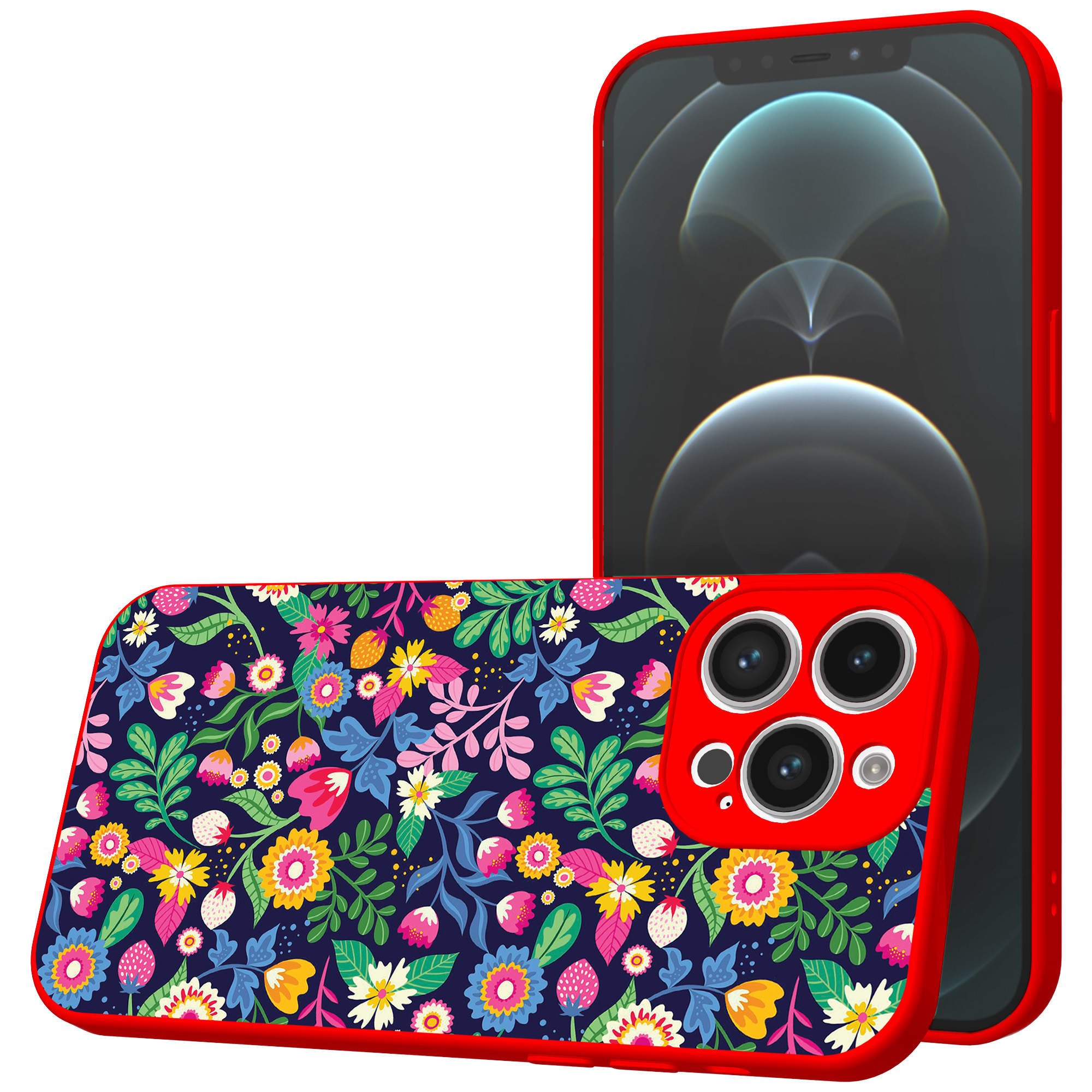 iPhone 12 Pro Max telefoonhoesje met bloemen opdruk rood (1)