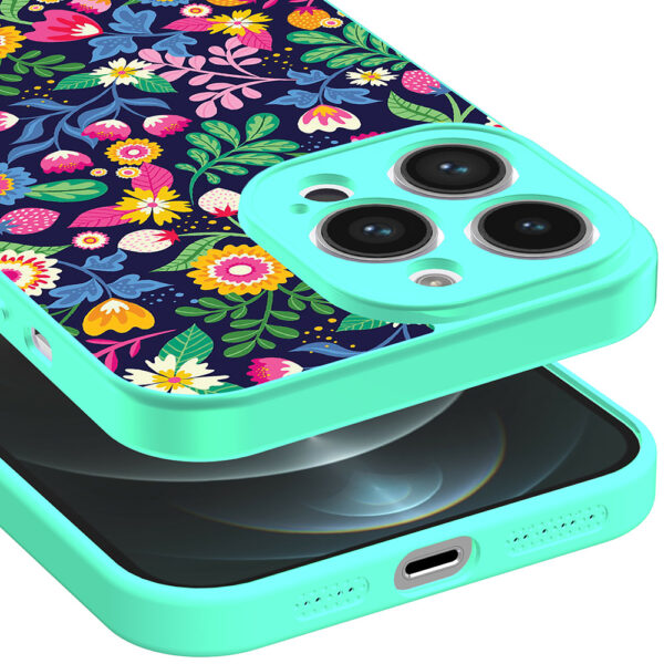 iPhone 12 Pro Max telefoonhoesje met bloemen opdruk turquoise (3)