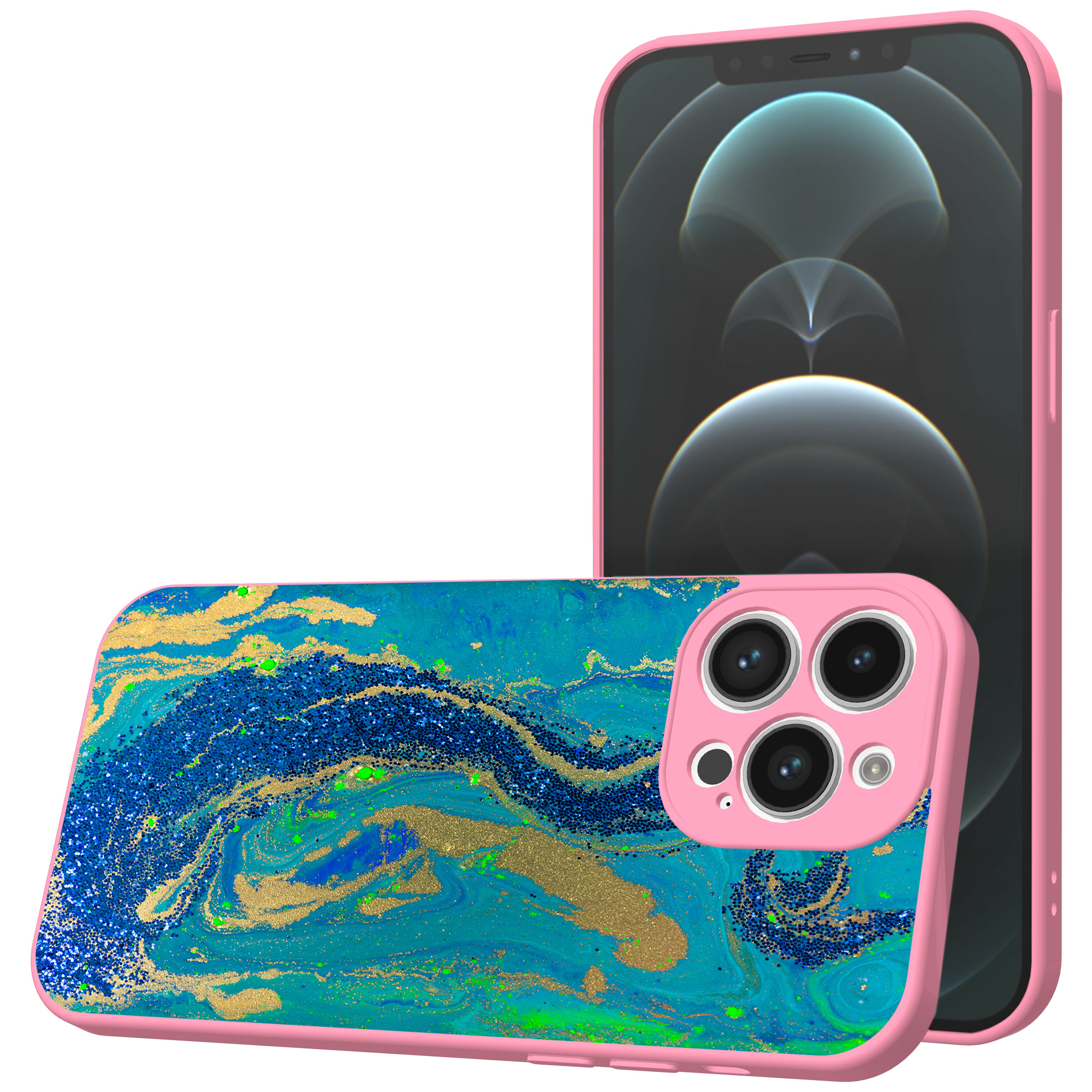 iPhone 12 Pro Max telefoonhoesje met goud blauw marmer opdruk roze (1)
