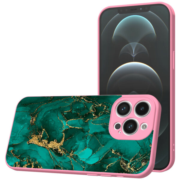 iPhone 12 Pro Max telefoonhoesje met goud groen marmer opdruk roze (1)