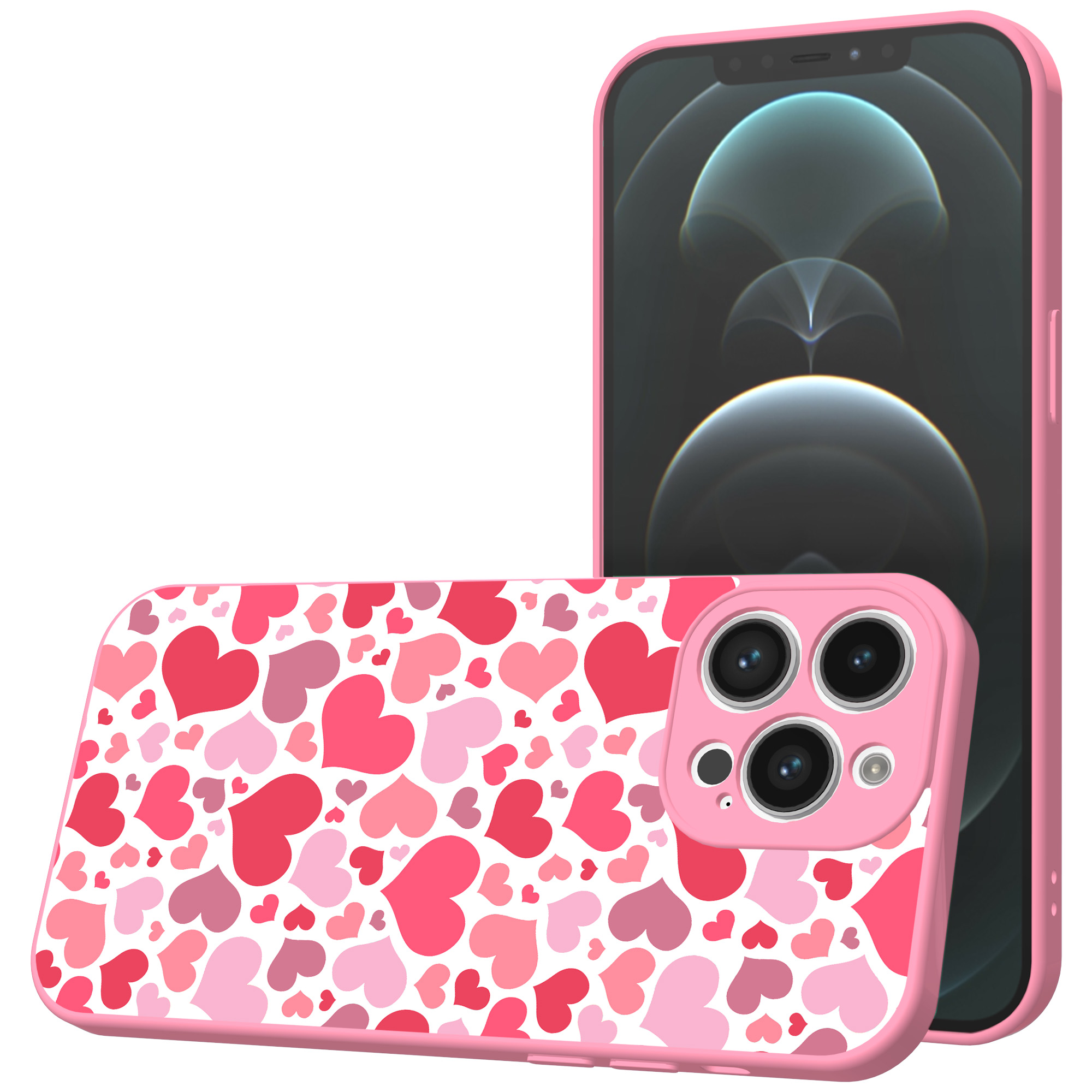 iPhone 12 Pro Max telefoonhoesje met hartjes opdruk roze (1)