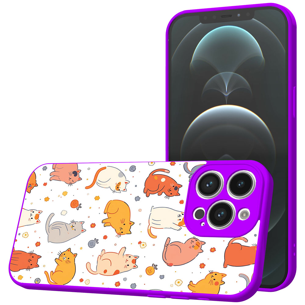 iPhone 12 Pro Max telefoonhoesje met katten en poezen opdruk paars (1)