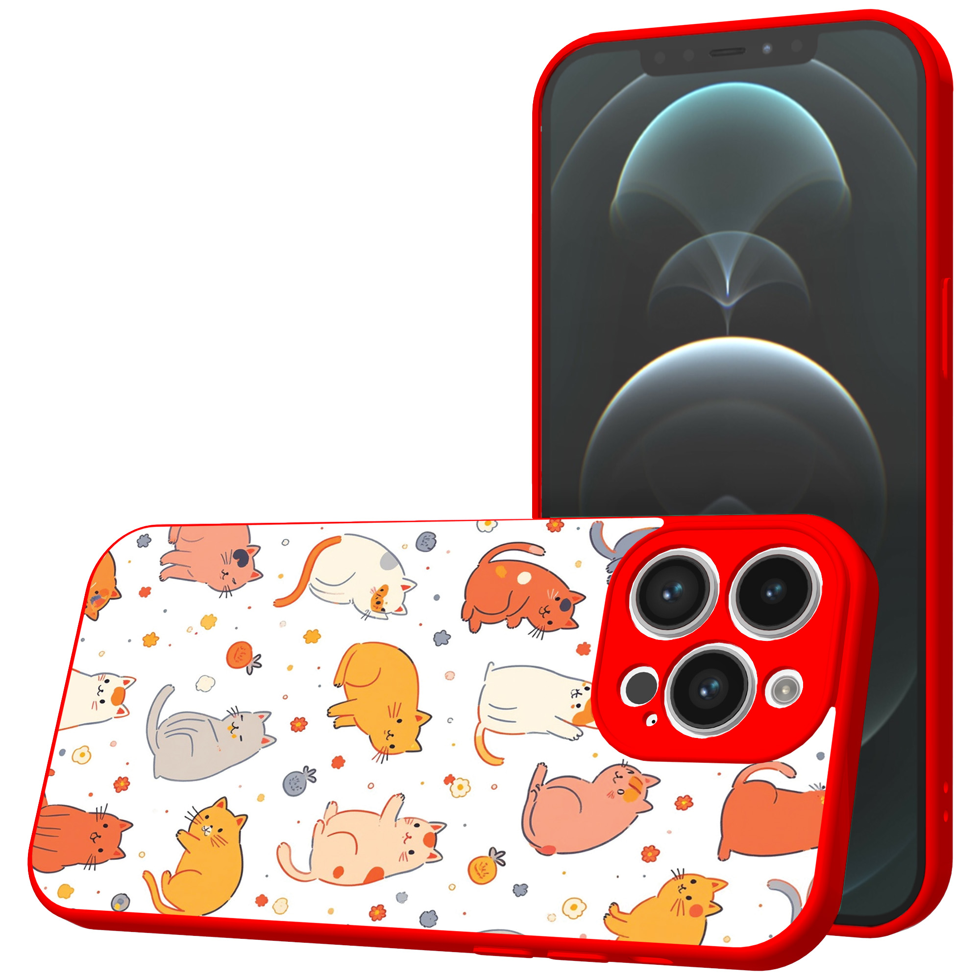 iPhone 12 Pro Max telefoonhoesje met katten en poezen opdruk rood (1)