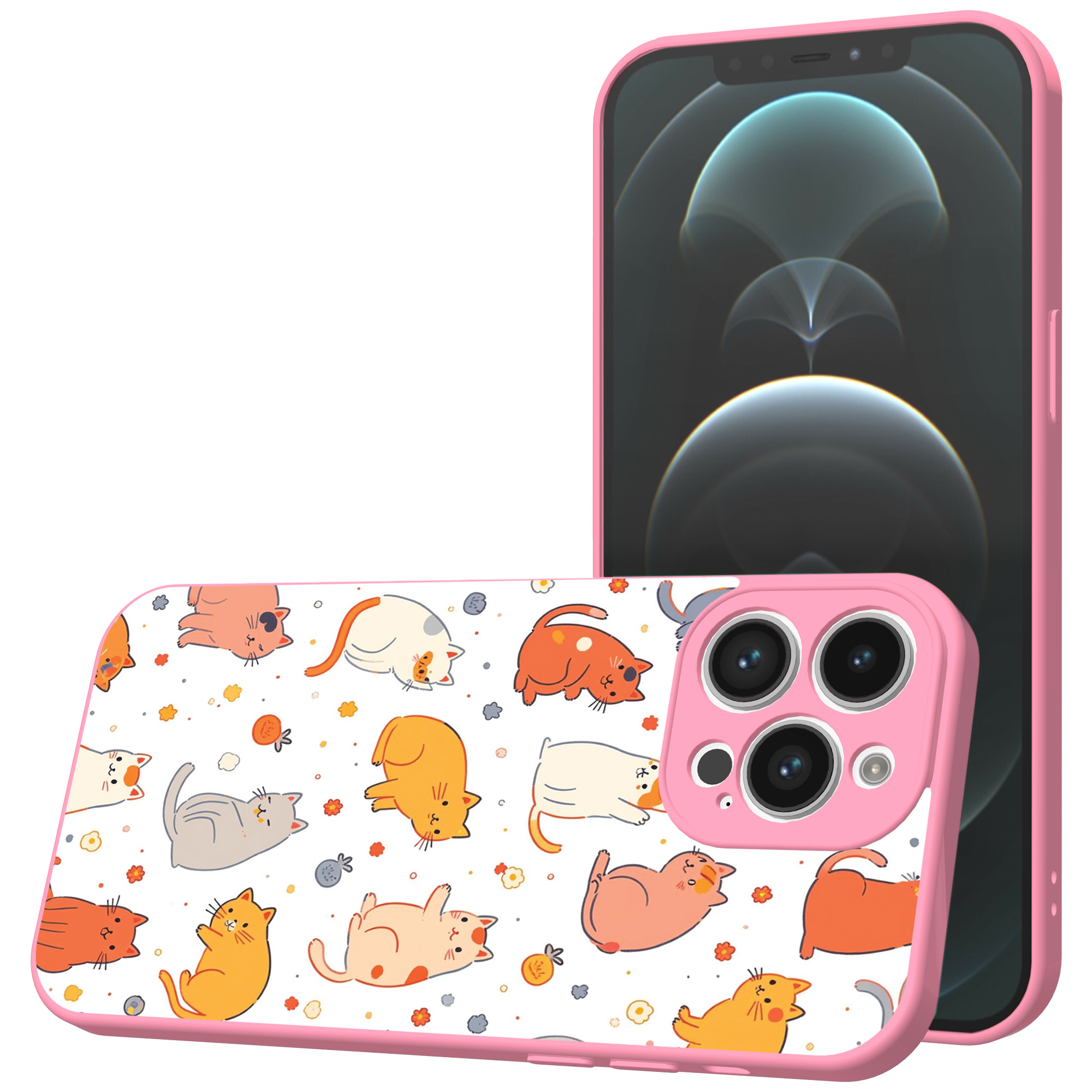 iPhone 12 Pro Max telefoonhoesje met katten en poezen opdruk roze (1)