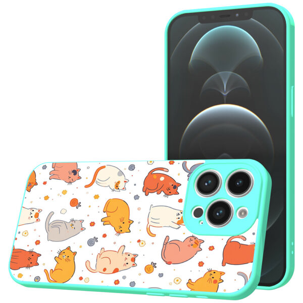 iPhone 12 Pro Max telefoonhoesje met katten en poezen opdruk turquoise (1)