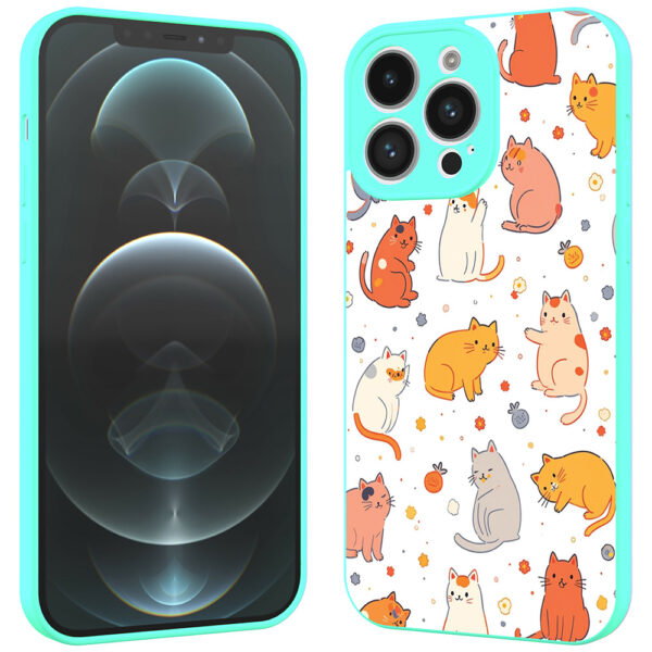iPhone 12 Pro Max telefoonhoesje met katten en poezen opdruk turquoise (2)