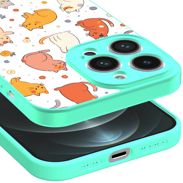 iPhone 12 Pro Max telefoonhoesje met katten en poezen opdruk turquoise (3)