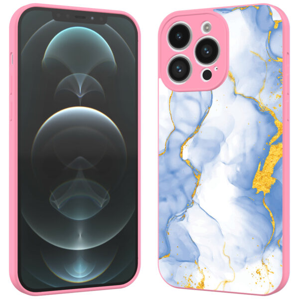 iPhone 12 Pro Max telefoonhoesje met lichtblauw goud marmer opdruk roze (2)