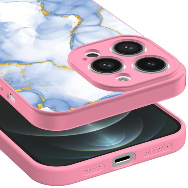 iPhone 12 Pro Max telefoonhoesje met lichtblauw goud marmer opdruk roze (3)