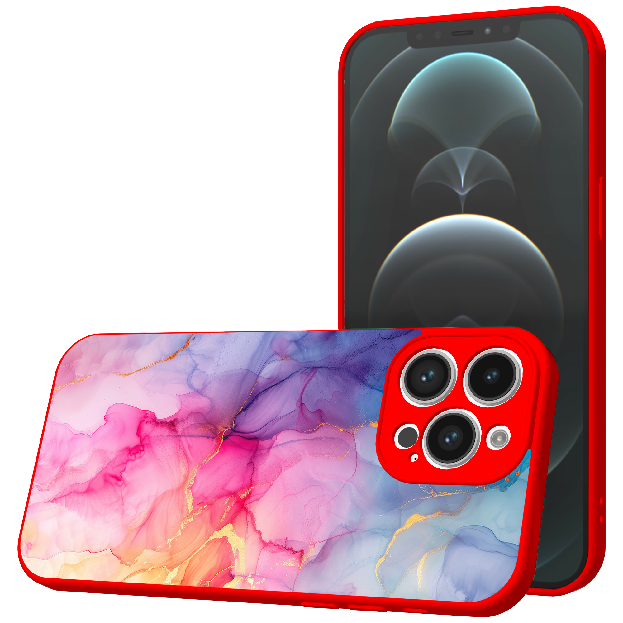 iPhone 12 Pro Max telefoonhoesje met regenboog marmer opdruk rood (1)
