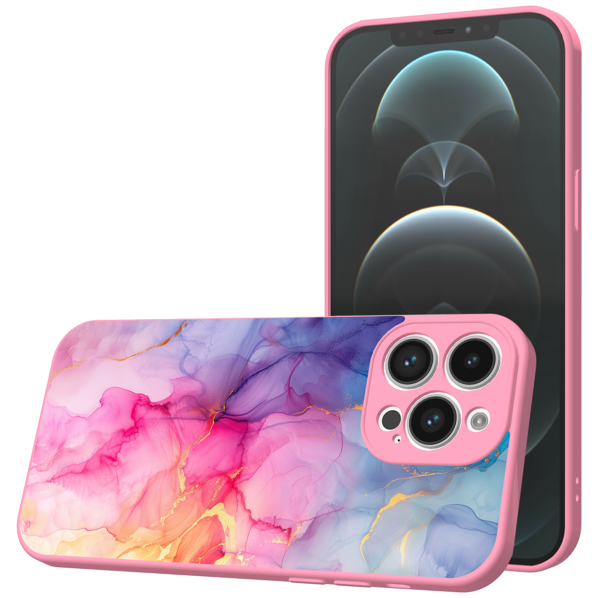 iPhone 12 Pro Max telefoonhoesje met regenboog marmer opdruk roze (1)