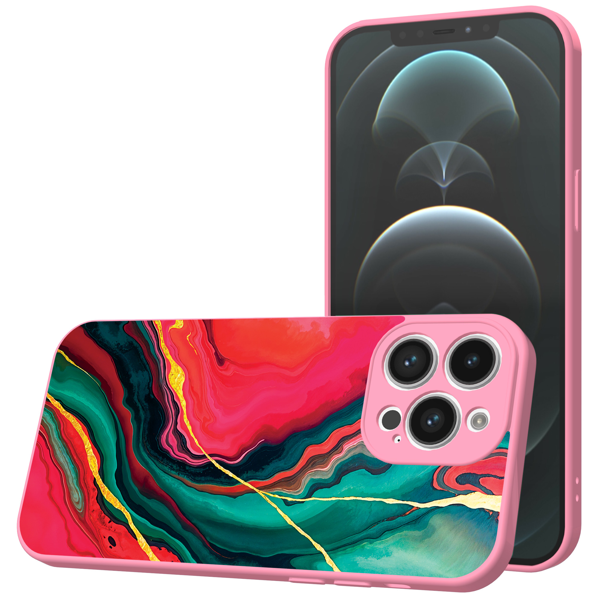 iPhone 12 Pro Max telefoonhoesje met rood groen marmer opdruk roze (1)