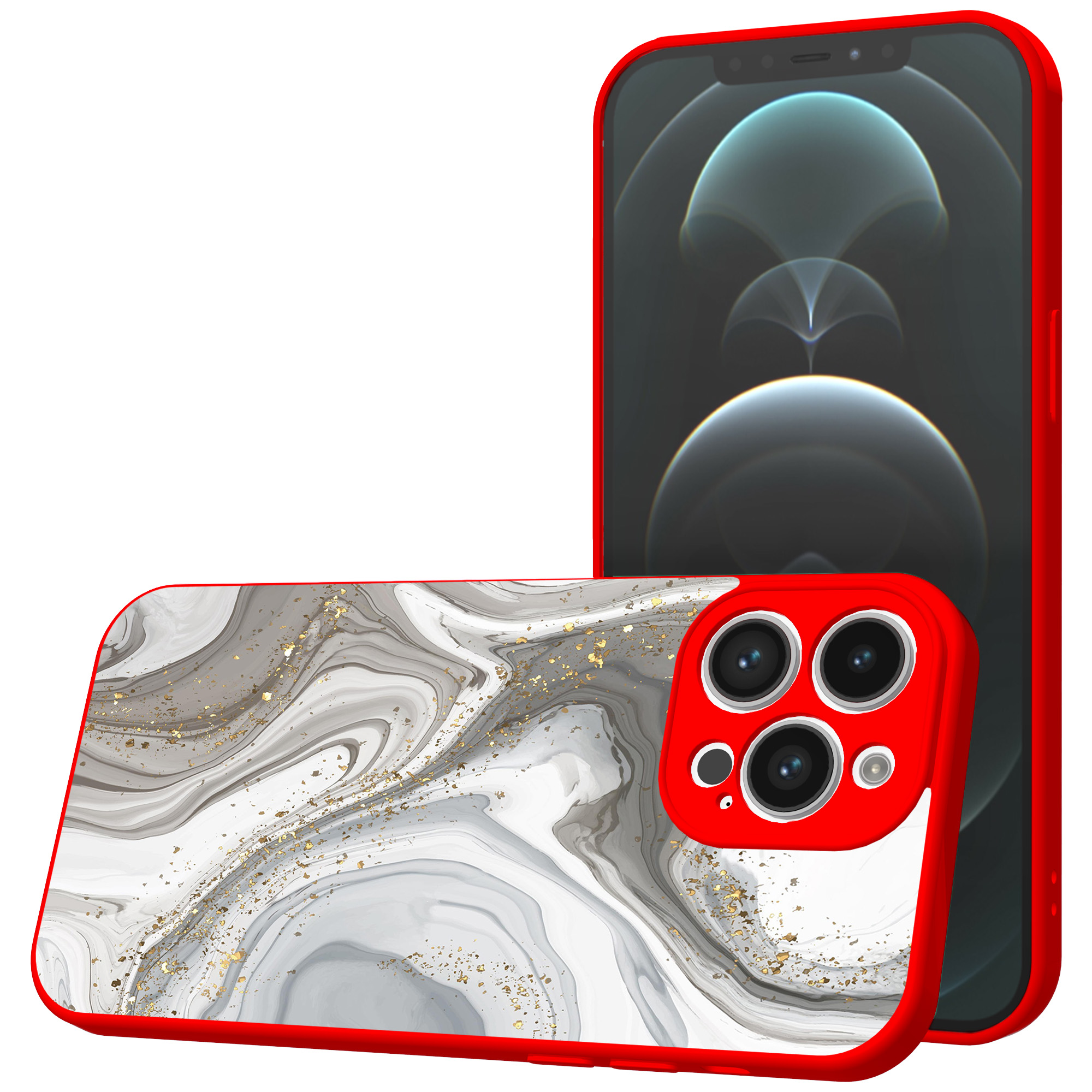 iPhone 12 Pro Max telefoonhoesje met zilver marmer opdruk rood (1)