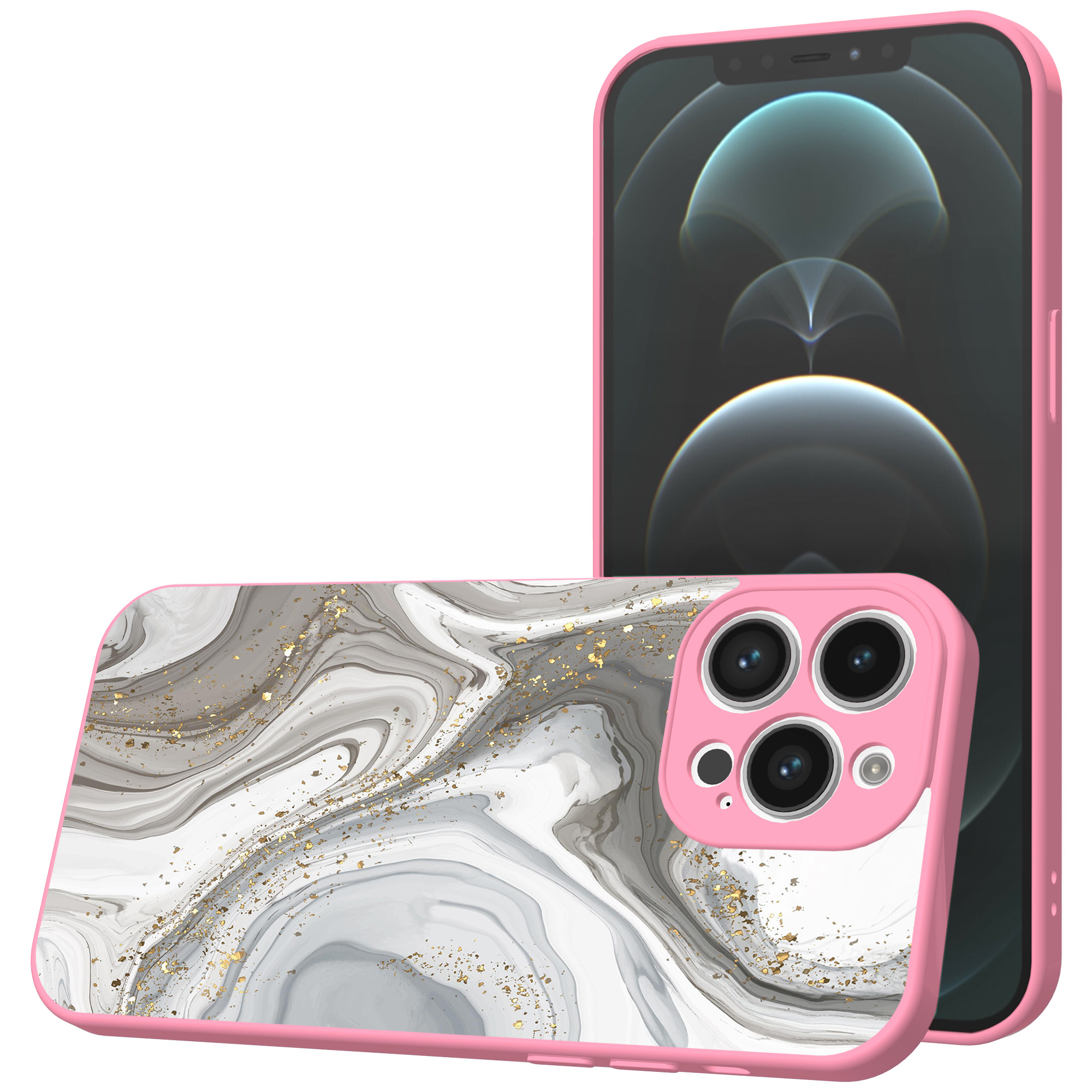 iPhone 12 Pro Max telefoonhoesje met zilver marmer opdruk roze (1)