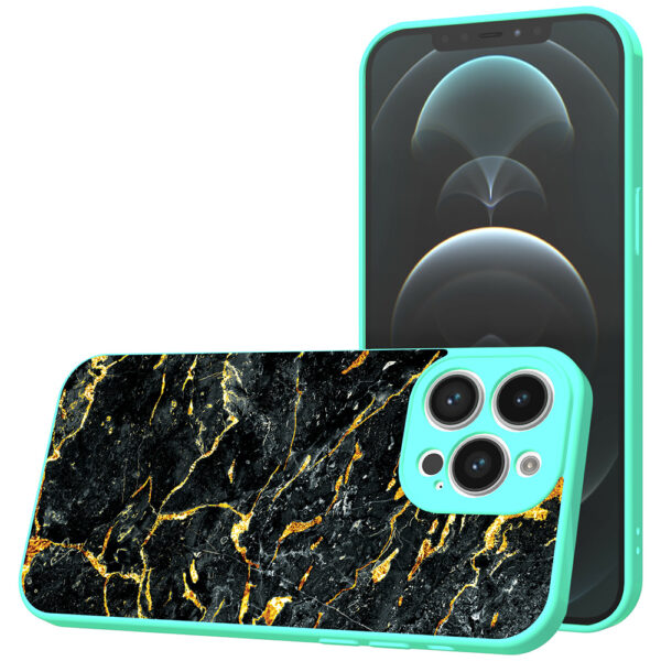 iPhone 12 Pro Max telefoonhoesje met zwart goud marmer opdruk turquoise (1)