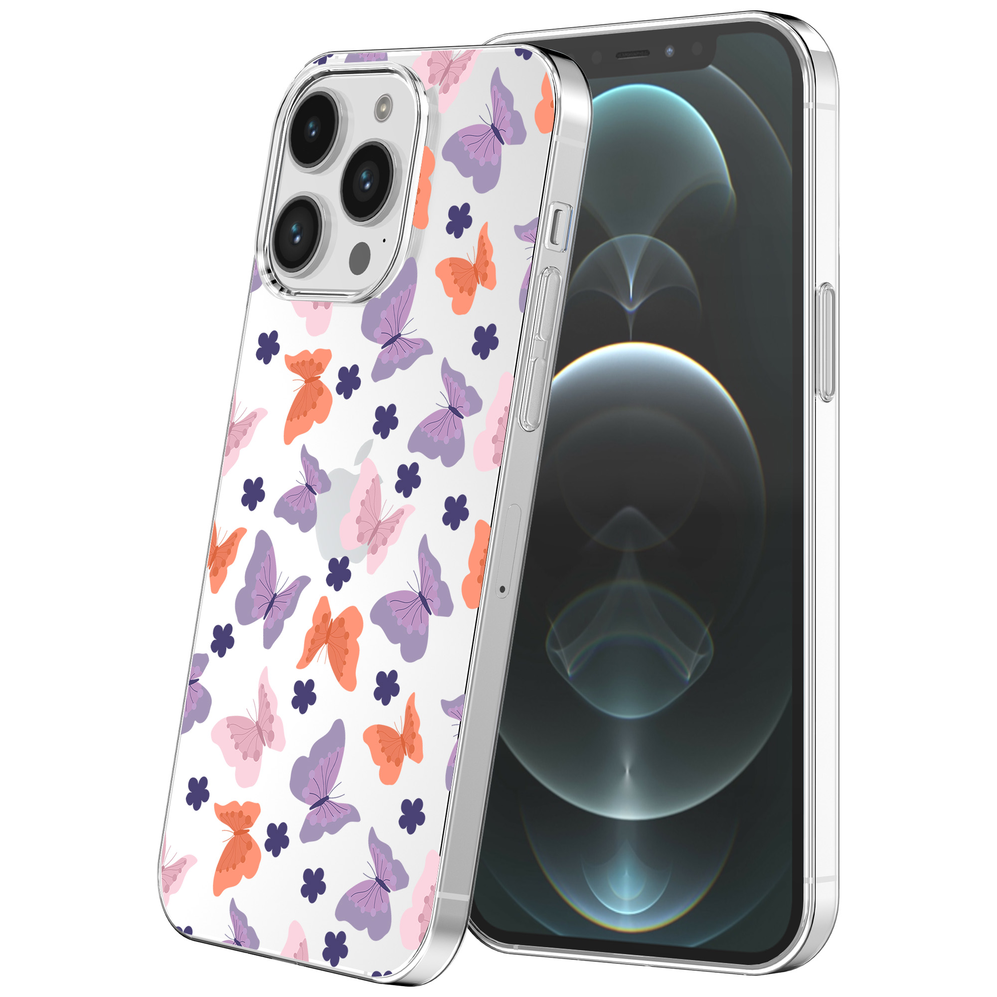 iPhone 12 Pro Max transparant telefoonhoesje met paars roze oranje vlinder opdruk (1)