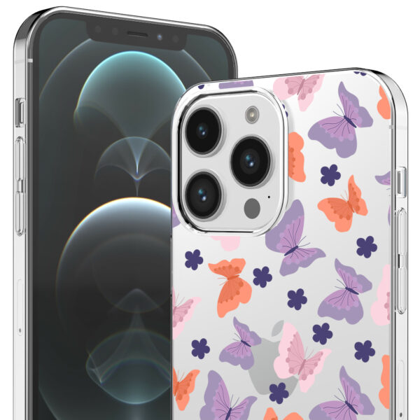 iPhone 12 Pro Max transparant telefoonhoesje met paars roze oranje vlinder opdruk (2)