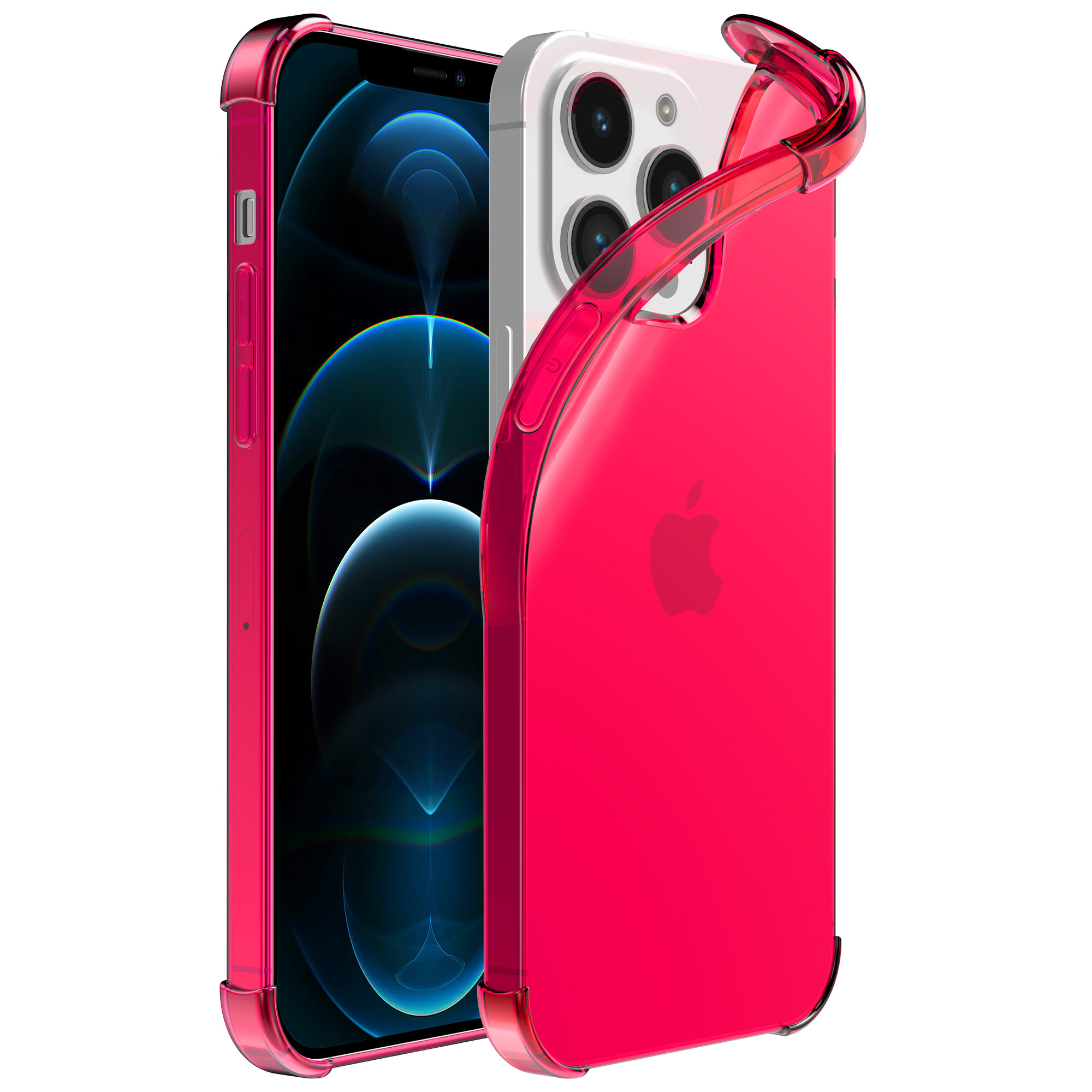 iPhone 12 Pro siliconen telefoonhoesje met stootrand transparant neon roze (1)