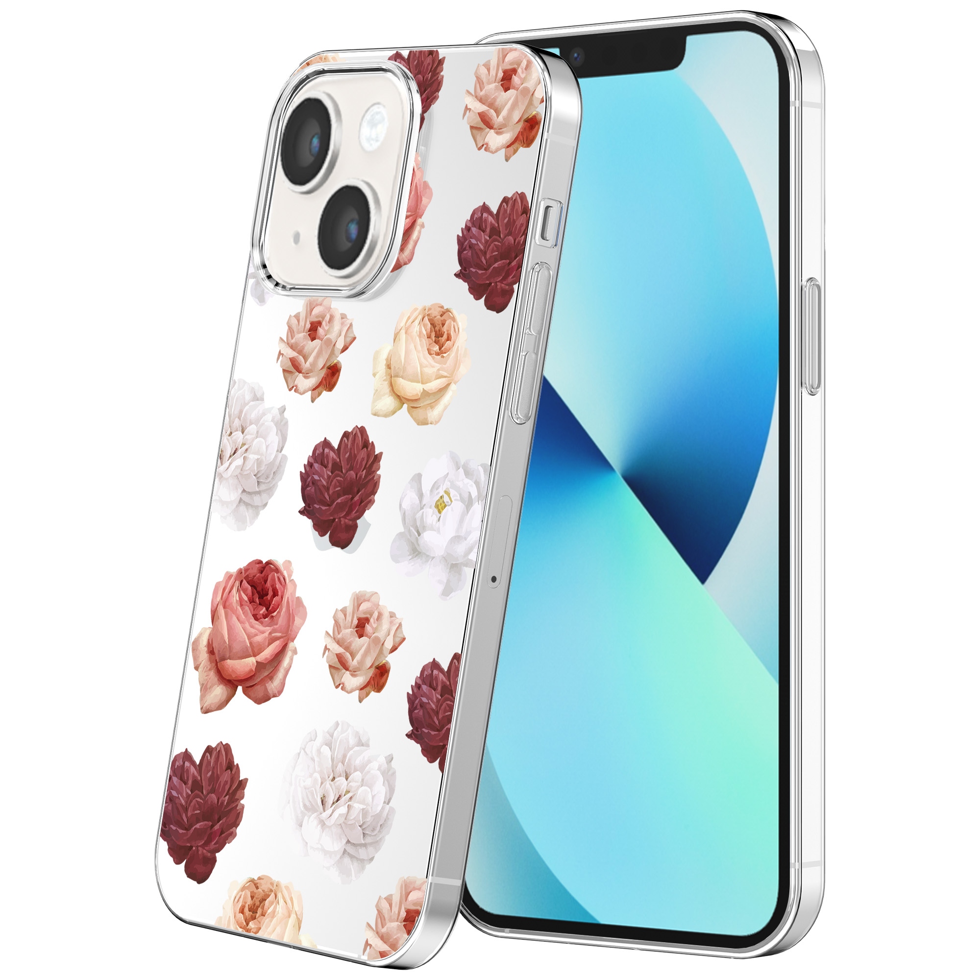 iPhone 13 Mini transparant telefoonhoesje met bloemen en rozen opdruk (1)