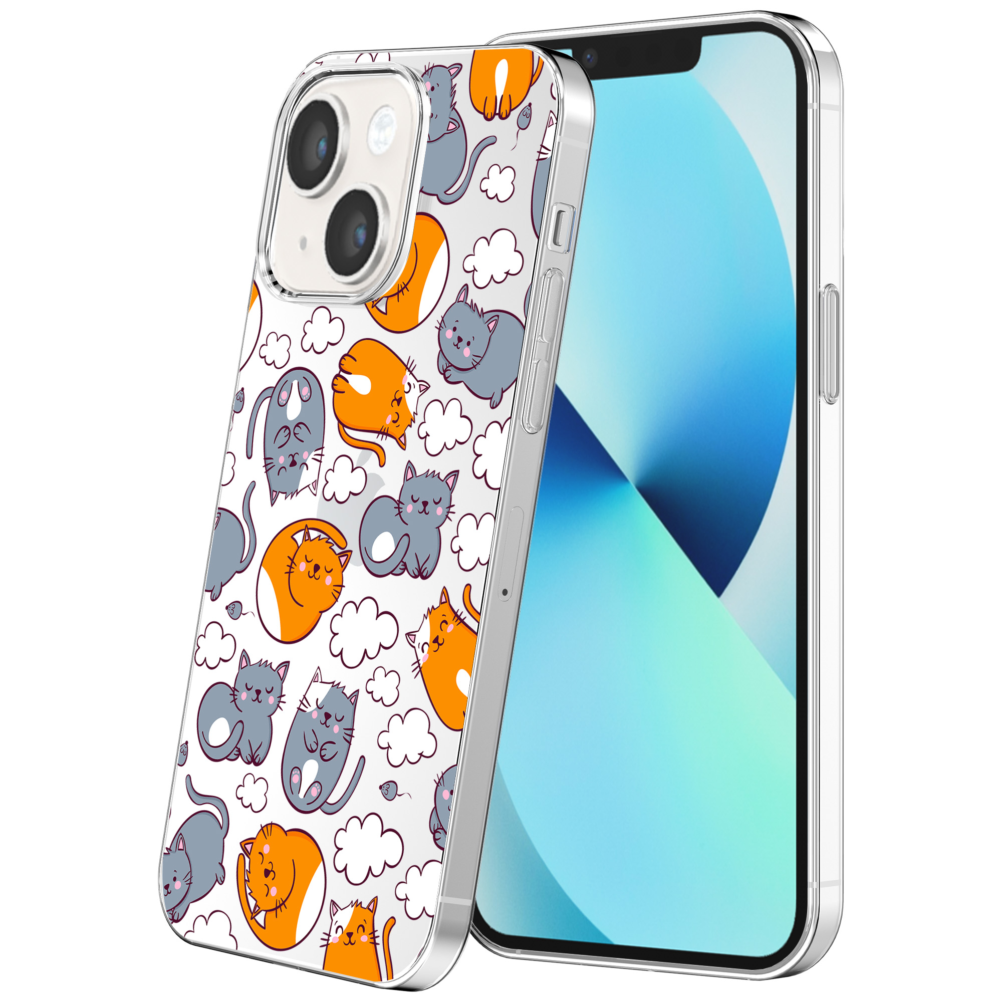 iPhone 13 Mini transparant telefoonhoesje met katten en poezen opdruk (1)
