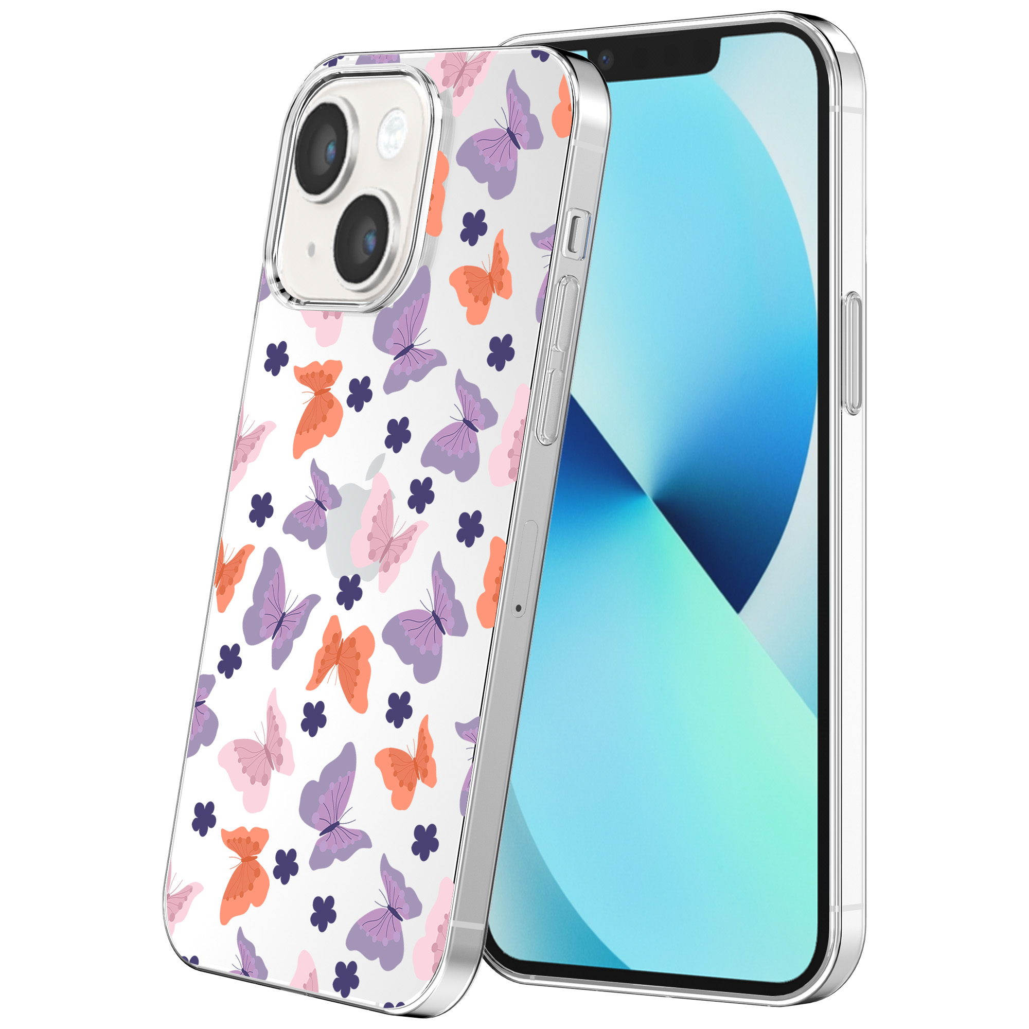 iPhone 13 Mini transparant telefoonhoesje met paars roze oranje vlinder opdruk (1)
