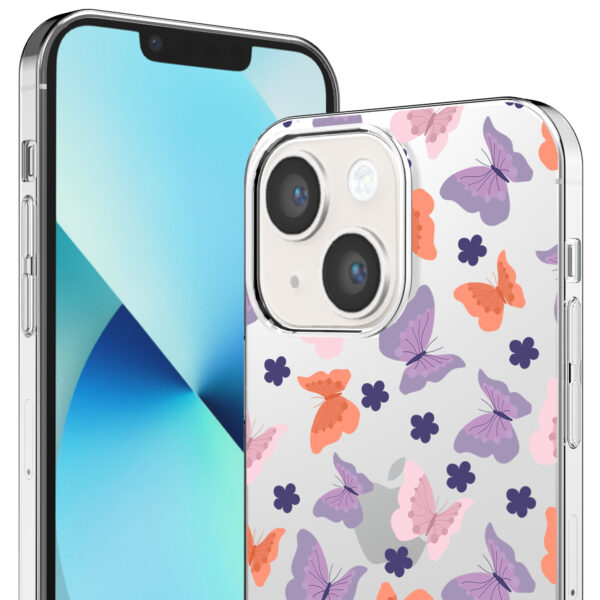 iPhone 13 Mini transparant telefoonhoesje met paars roze oranje vlinder opdruk (2)