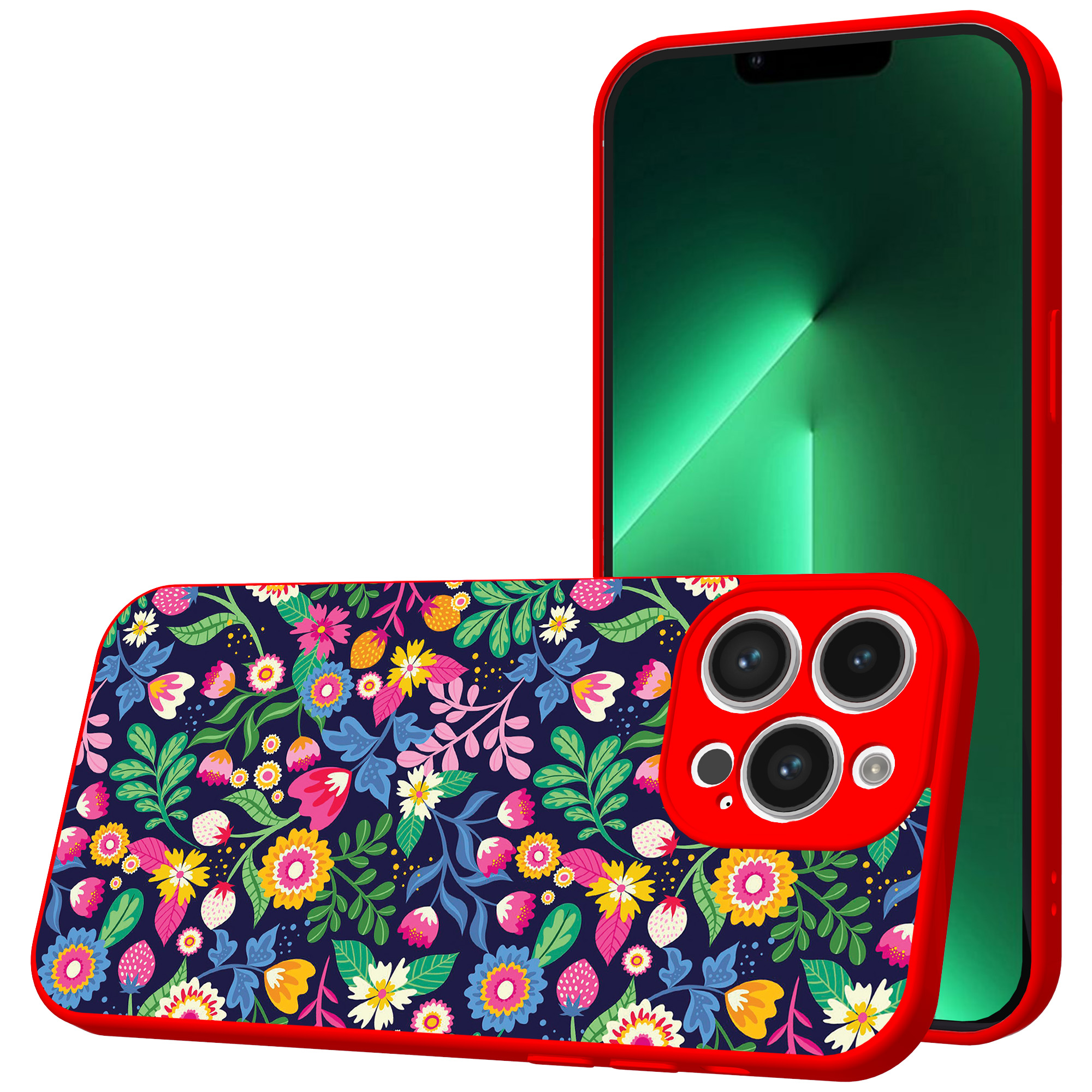 iPhone 13 Pro Max telefoonhoesje met bloemen opdruk rood (1)