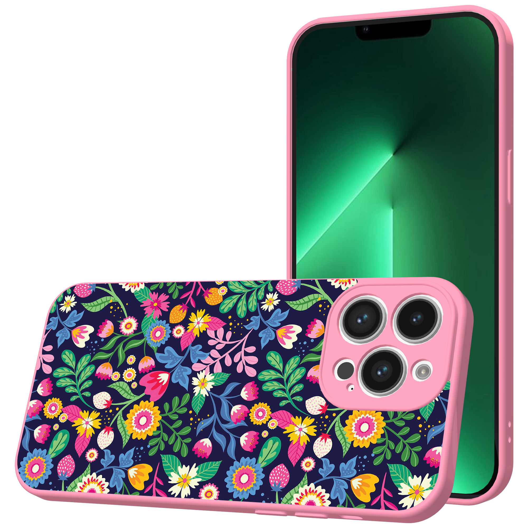 iPhone 13 Pro Max telefoonhoesje met bloemen opdruk roze (1)