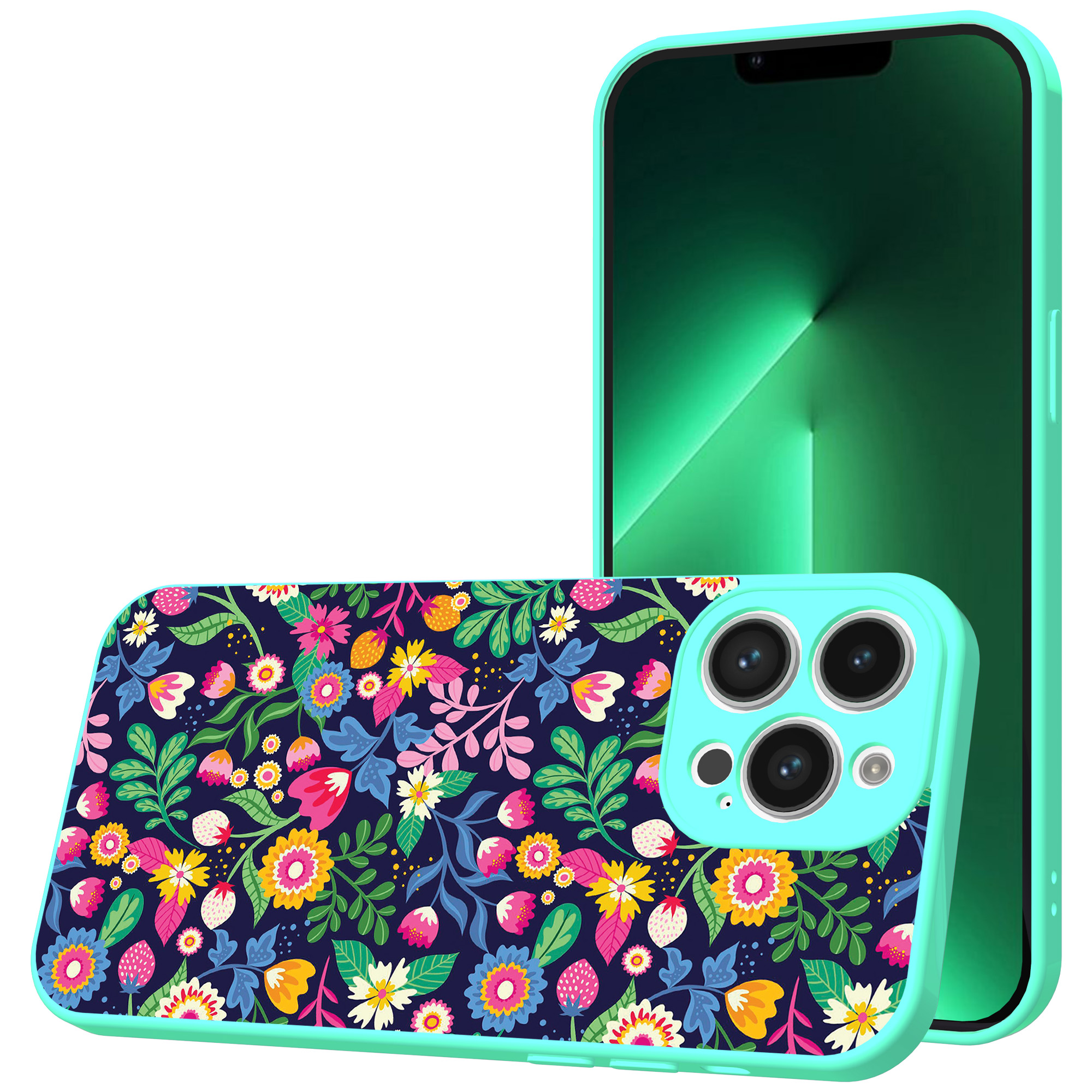 iPhone 13 Pro Max telefoonhoesje met bloemen opdruk turqoise (1)