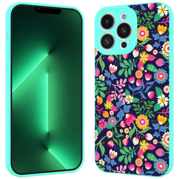 iPhone 13 Pro Max telefoonhoesje met bloemen opdruk turqoise (2)