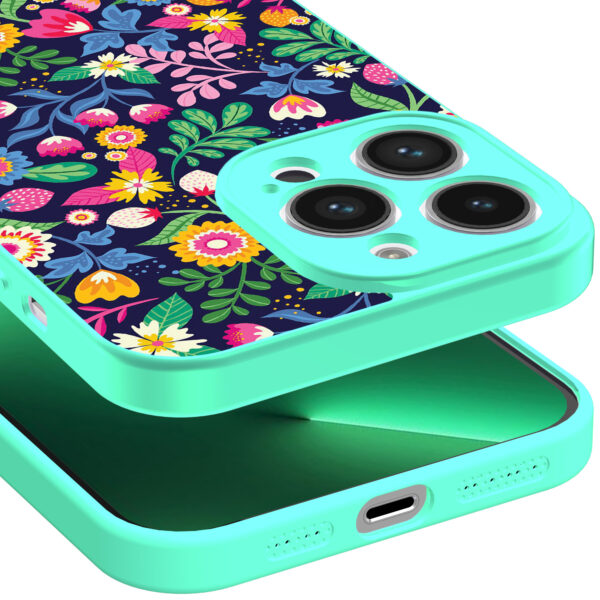 iPhone 13 Pro Max telefoonhoesje met bloemen opdruk turqoise (3)