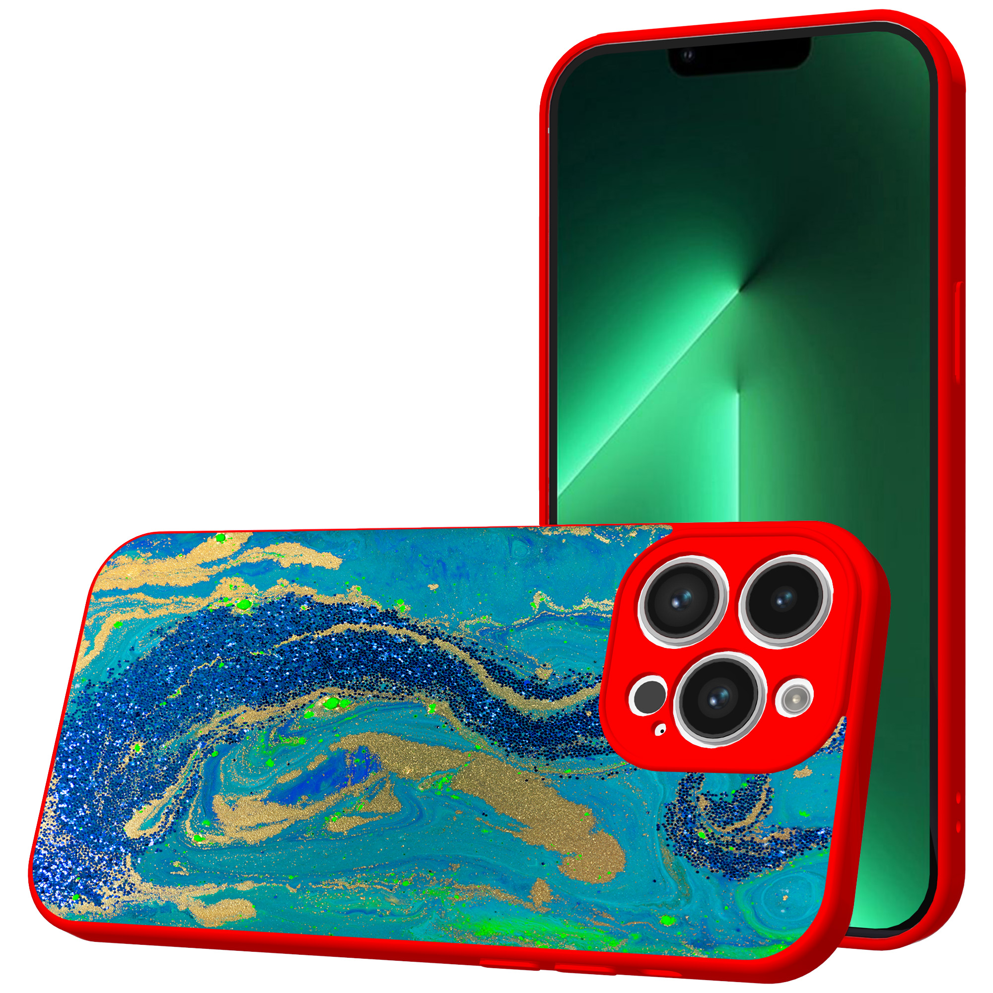 iPhone 13 Pro Max telefoonhoesje met goud blauw marmer opdruk rood (1)