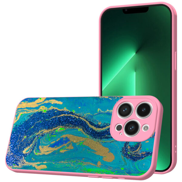 iPhone 13 Pro Max telefoonhoesje met goud blauw marmer opdruk roze (1)