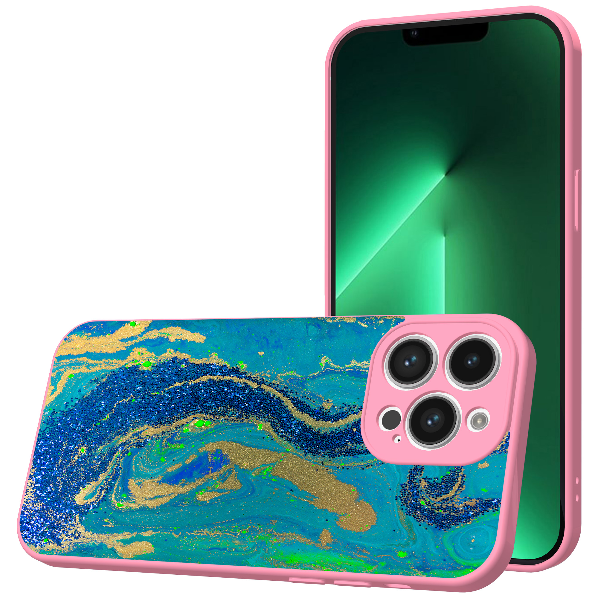 iPhone 13 Pro Max telefoonhoesje met goud blauw marmer opdruk roze (1)