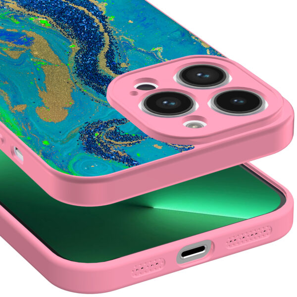 iPhone 13 Pro Max telefoonhoesje met goud blauw marmer opdruk roze (3)