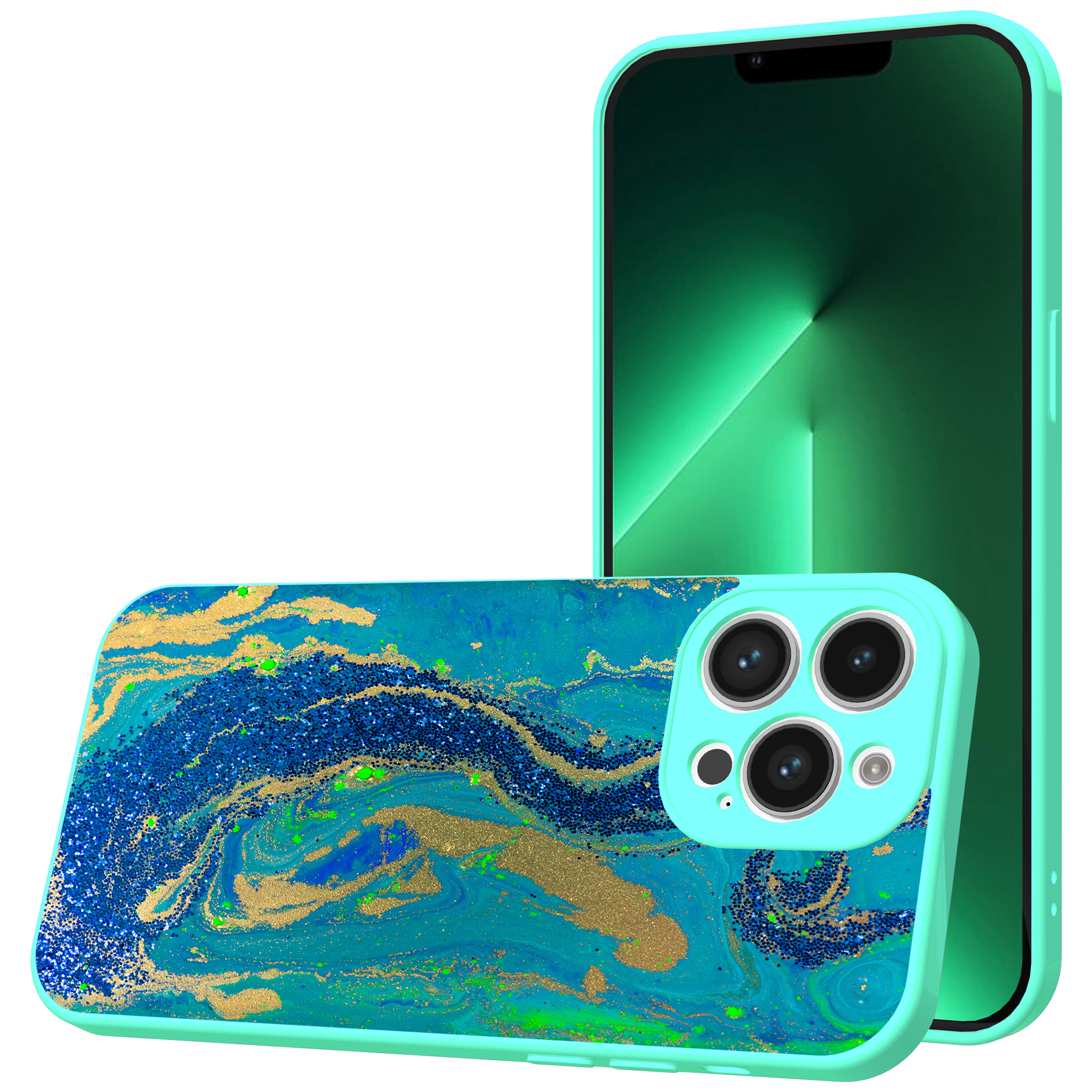 iPhone 13 Pro Max telefoonhoesje met goud blauw marmer opdruk turqoise (1)