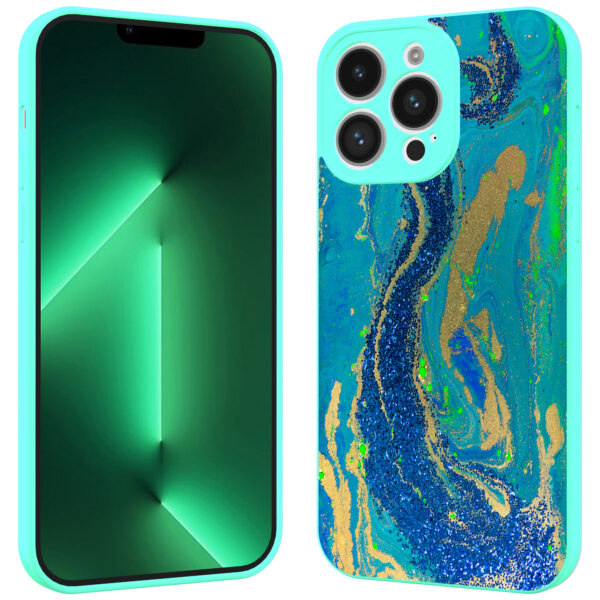 iPhone 13 Pro Max telefoonhoesje met goud blauw marmer opdruk turqoise (2)