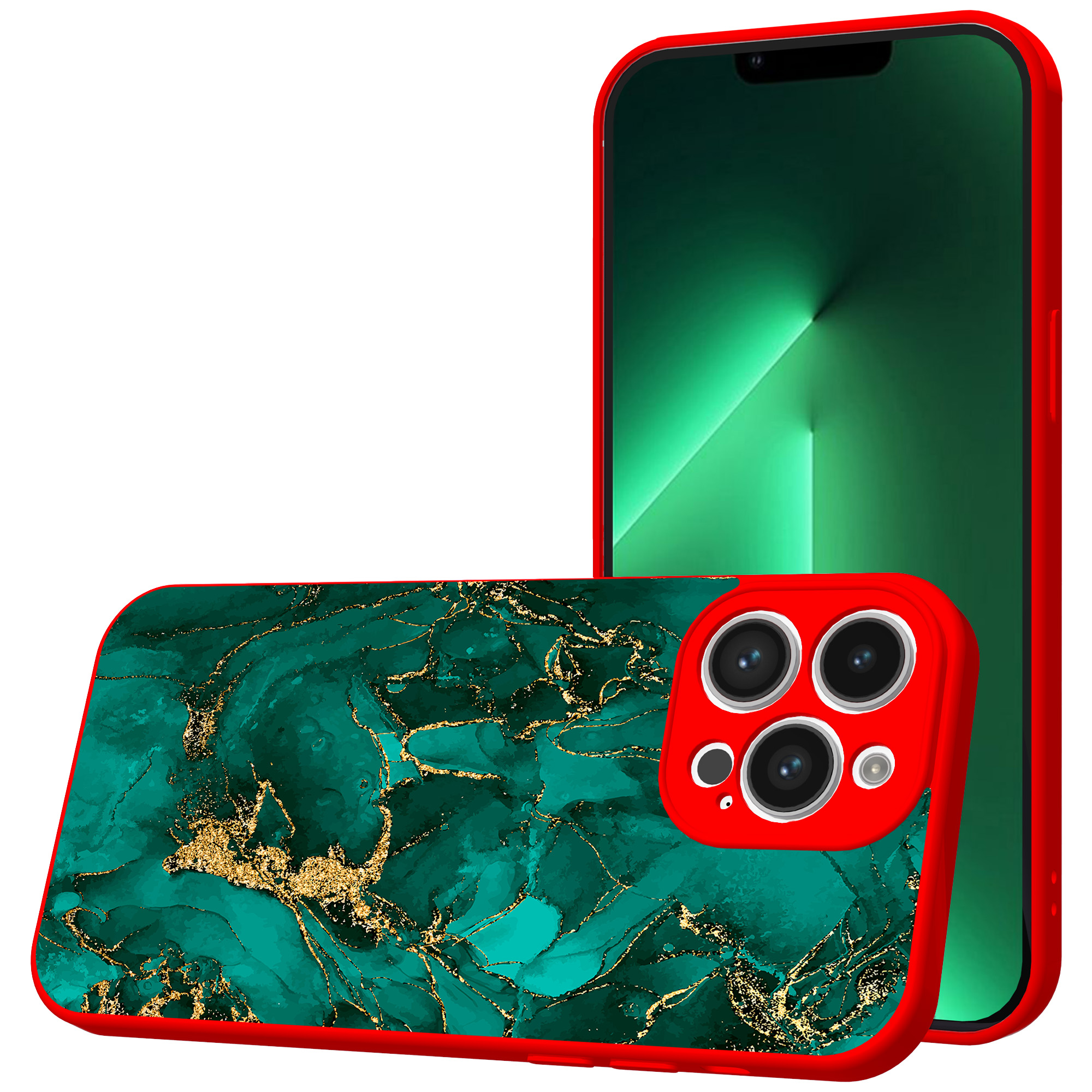 iPhone 13 Pro Max telefoonhoesje met goud groen marmer opdruk rood (1)