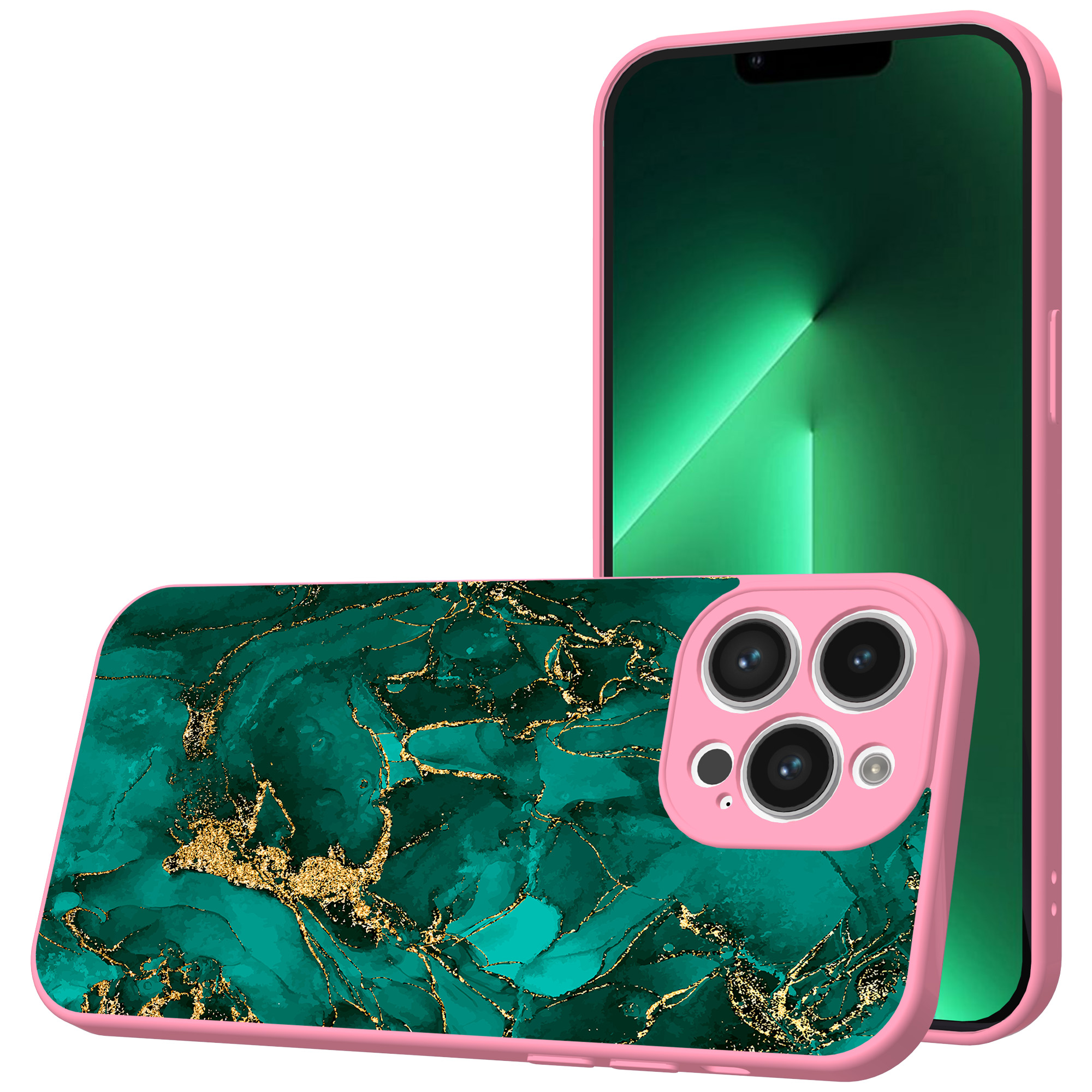 iPhone 13 Pro Max telefoonhoesje met goud groen marmer opdruk roze (1)
